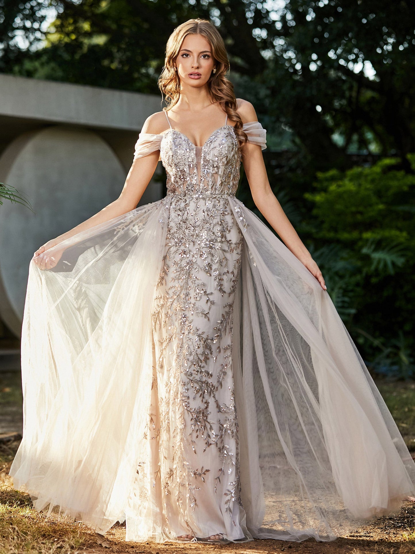 Lace Up Back Off Shoulder Tulle Gown Champagne