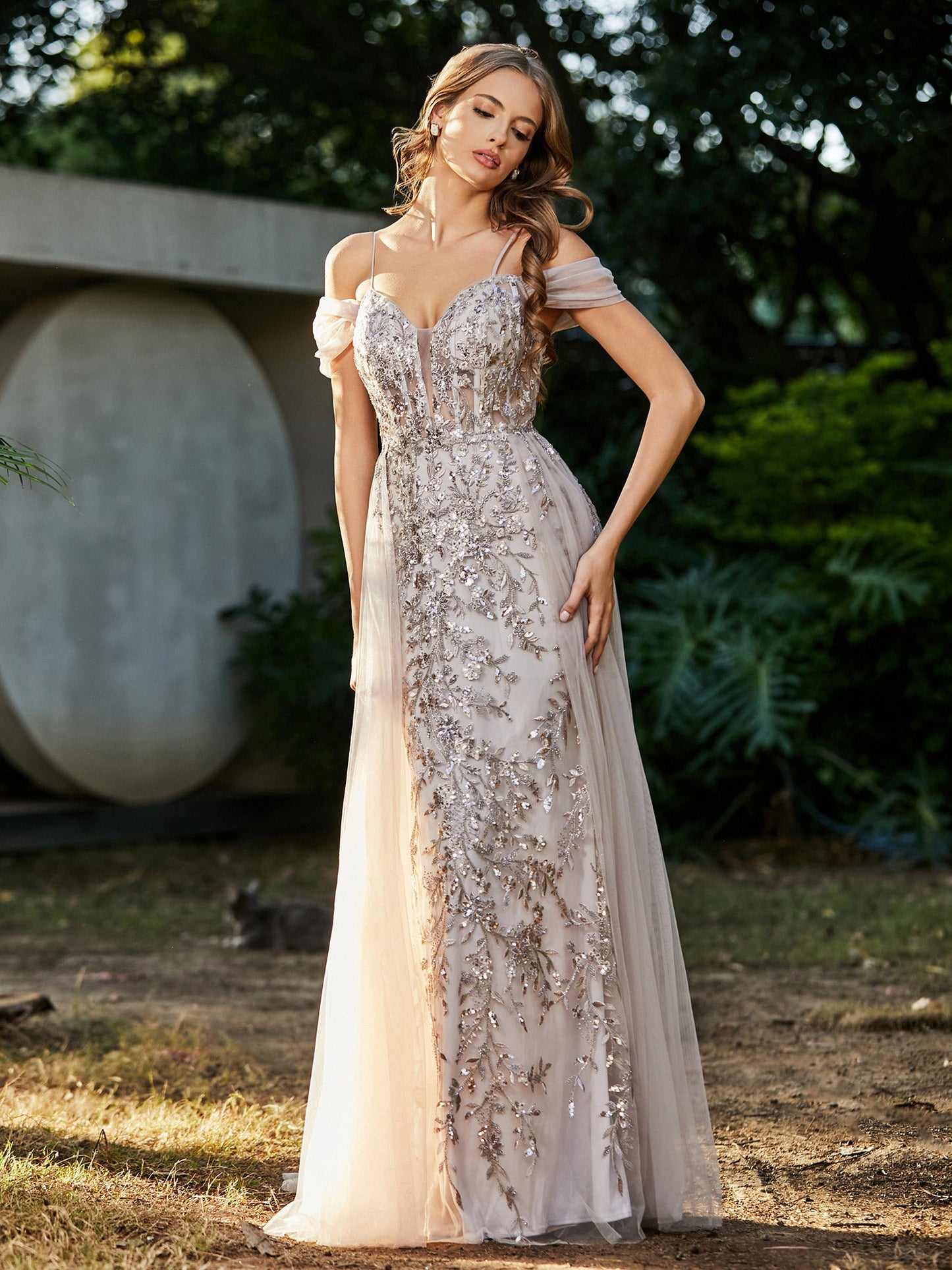 Lace Up Back Off Shoulder Tulle Gown Champagne