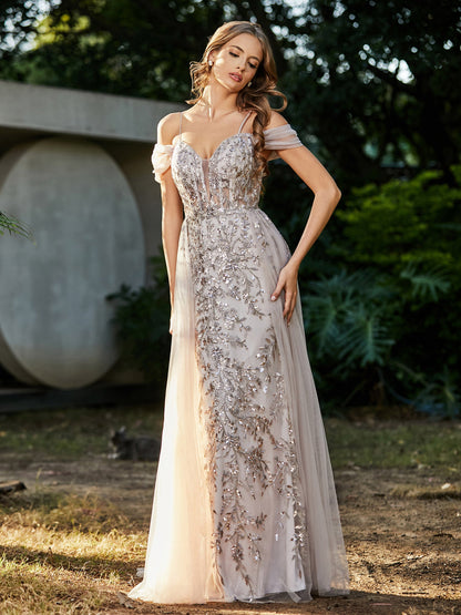Lace Up Back Off Shoulder Tulle Gown Champagne
