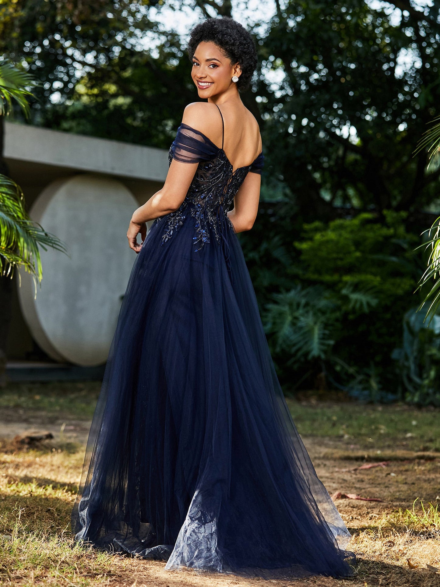 Lace Up Back Off Shoulder Tulle Prom Dresses Dark Navy