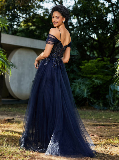 Lace Up Back Off Shoulder Tulle Prom Dresses Dark Navy