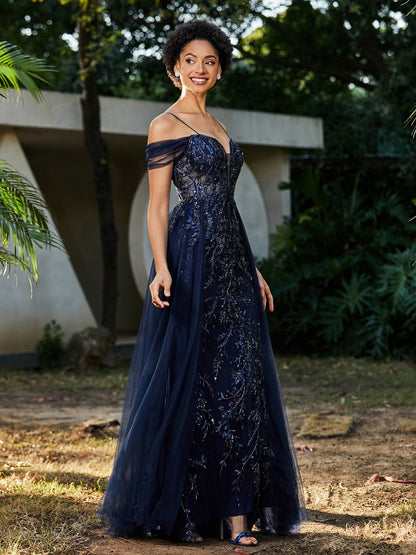 Lace Up Back Off Shoulder Tulle Prom Dresses Dark Navy