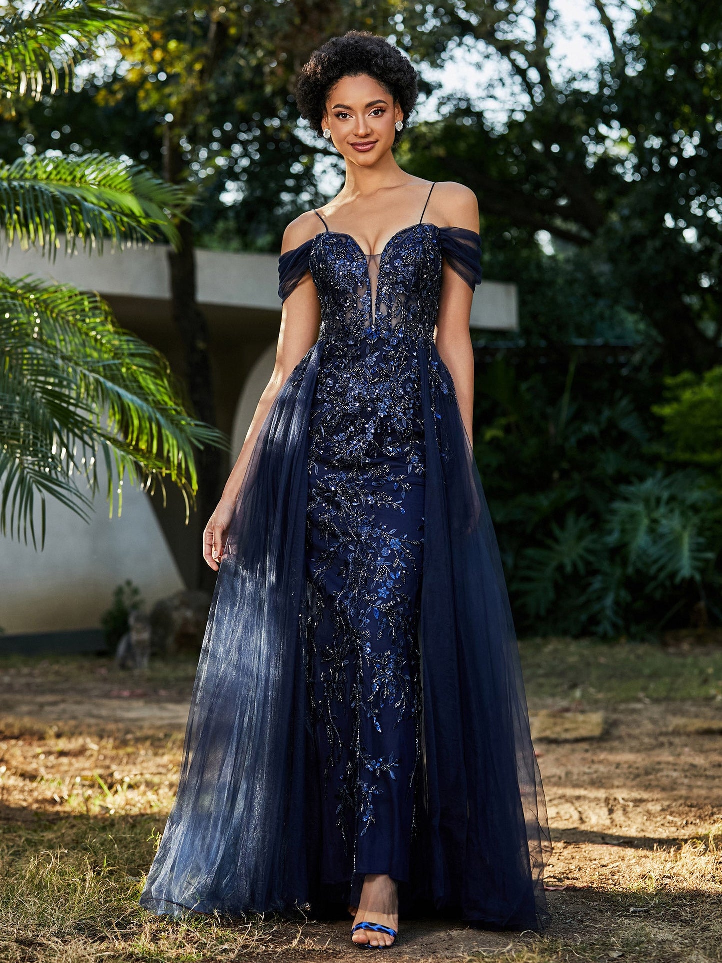Lace Up Back Off Shoulder Tulle Prom Dresses Dark Navy