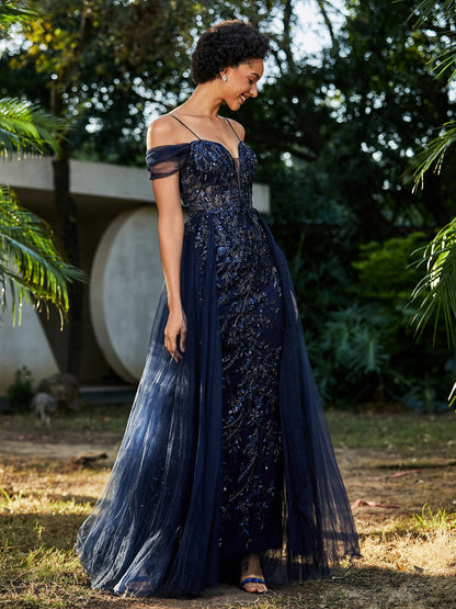 Lace Up Back Off Shoulder Tulle Prom Dresses Dark Navy
