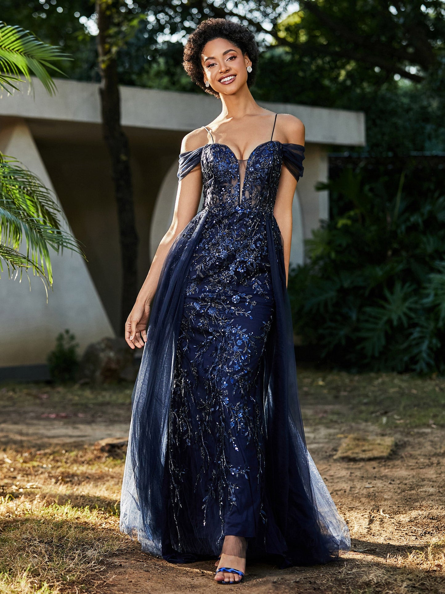 Lace Up Back Off Shoulder Tulle Prom Dresses Dark Navy