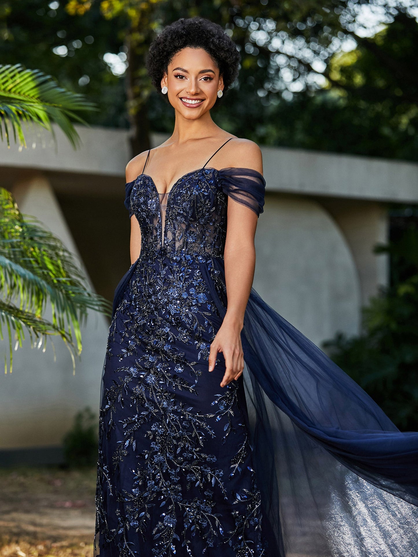 Lace Up Back Off Shoulder Tulle Prom Dresses Dark Navy