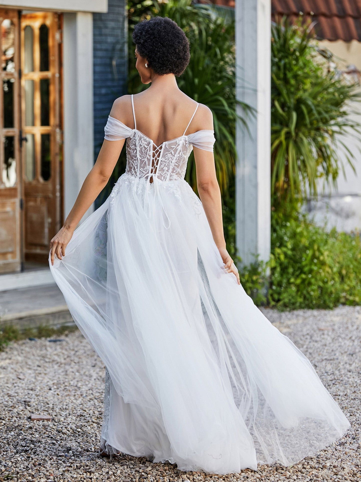 Lace Up Back Off Shoulder Tulle Gown Ivory