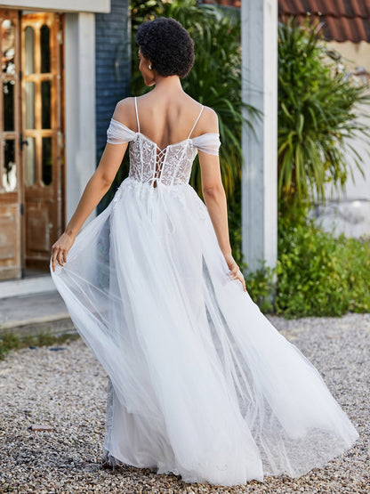 Lace Up Back Off Shoulder Tulle Gown Ivory