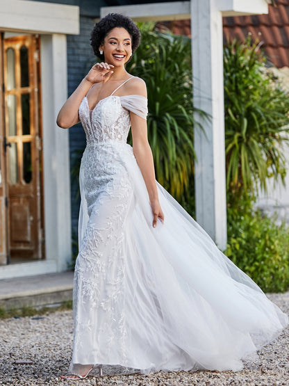 Lace Up Back Off Shoulder Tulle Gown Ivory