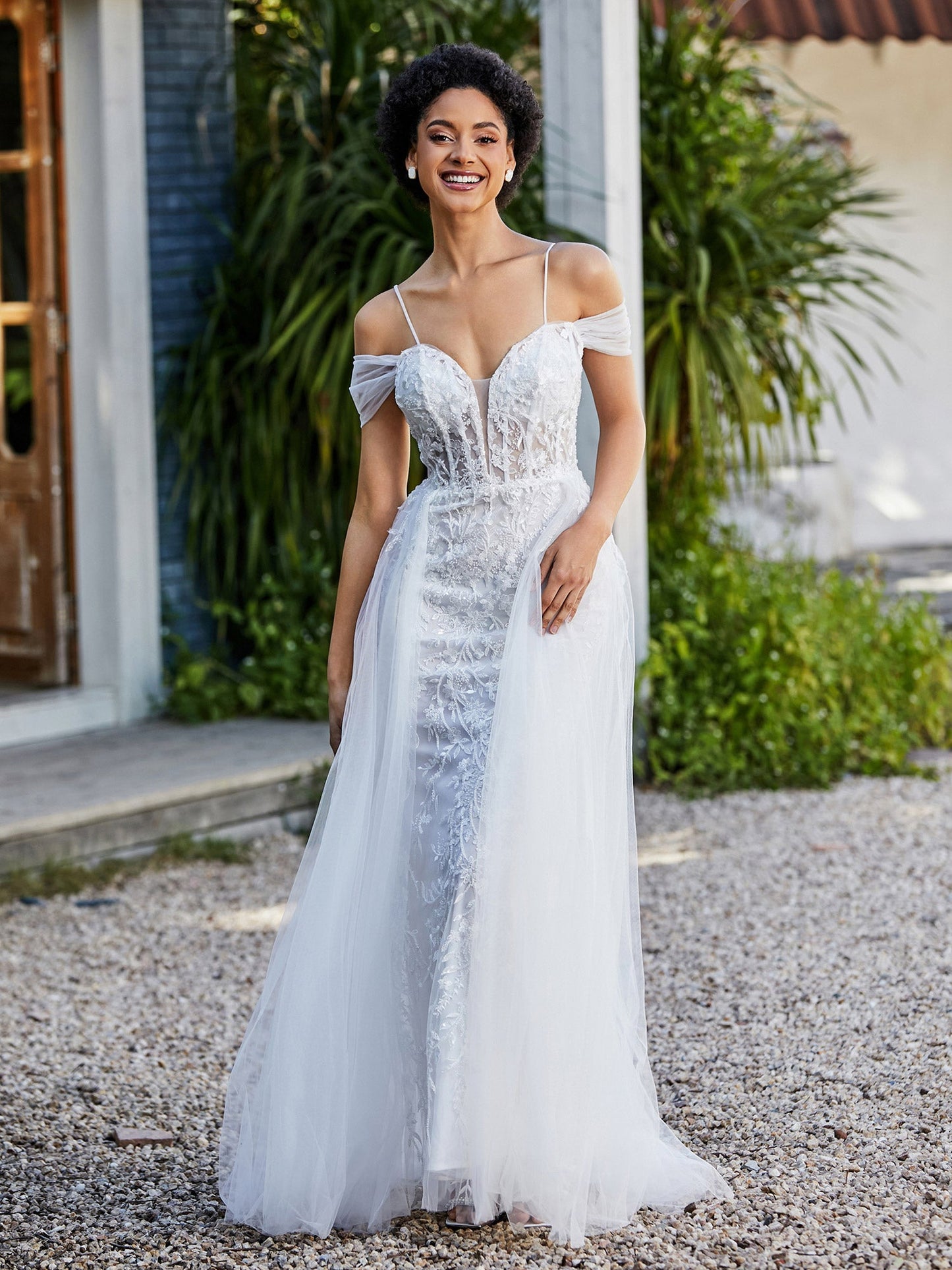 Lace Up Back Off Shoulder Tulle Gown Ivory