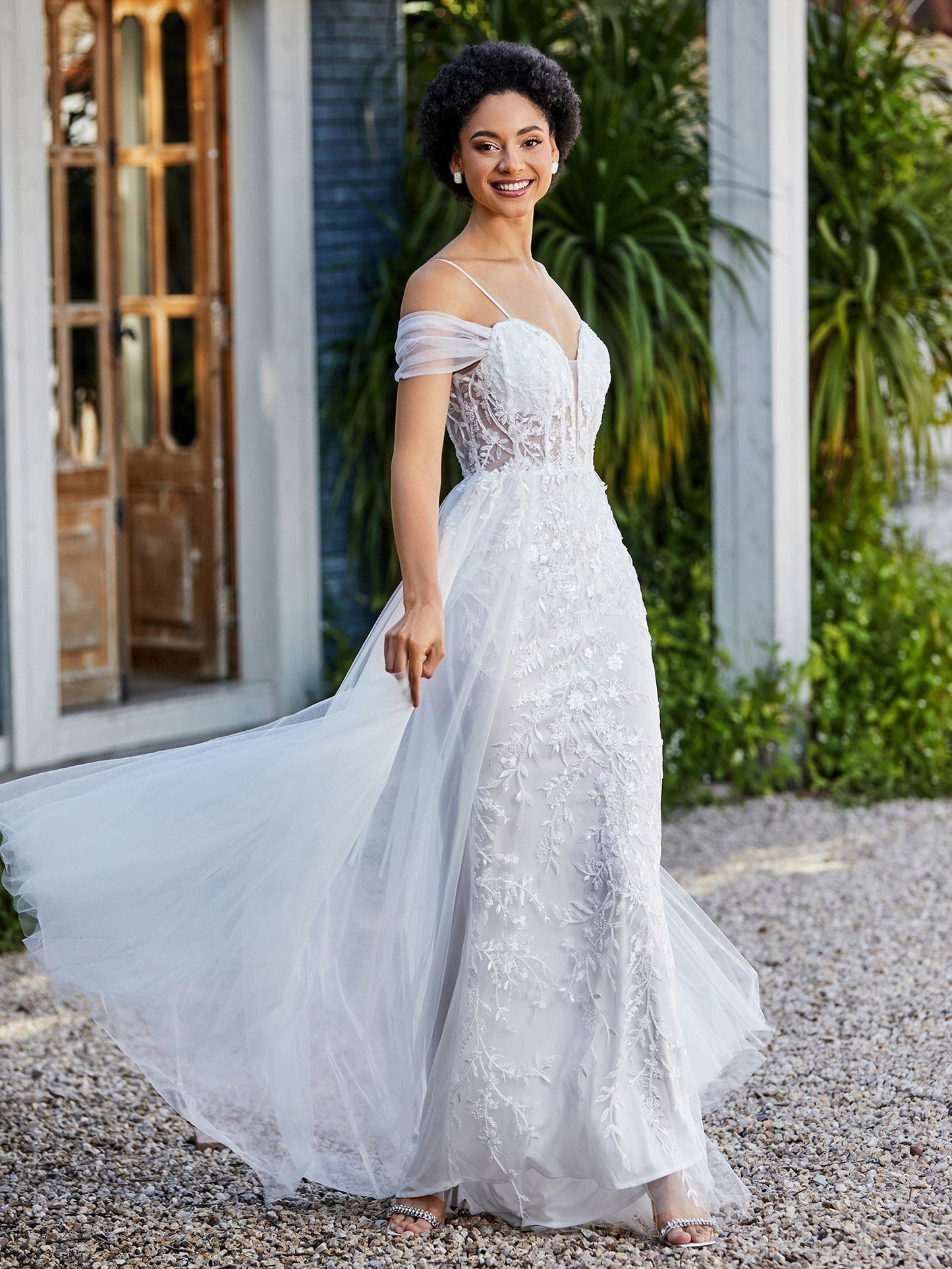 Lace Up Back Off Shoulder Tulle Gown Ivory
