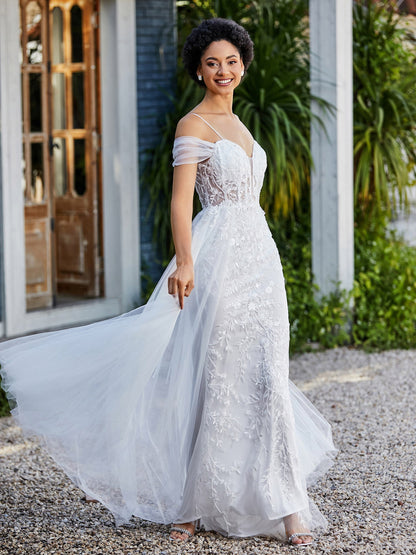 Lace Up Back Off Shoulder Tulle Gown Ivory