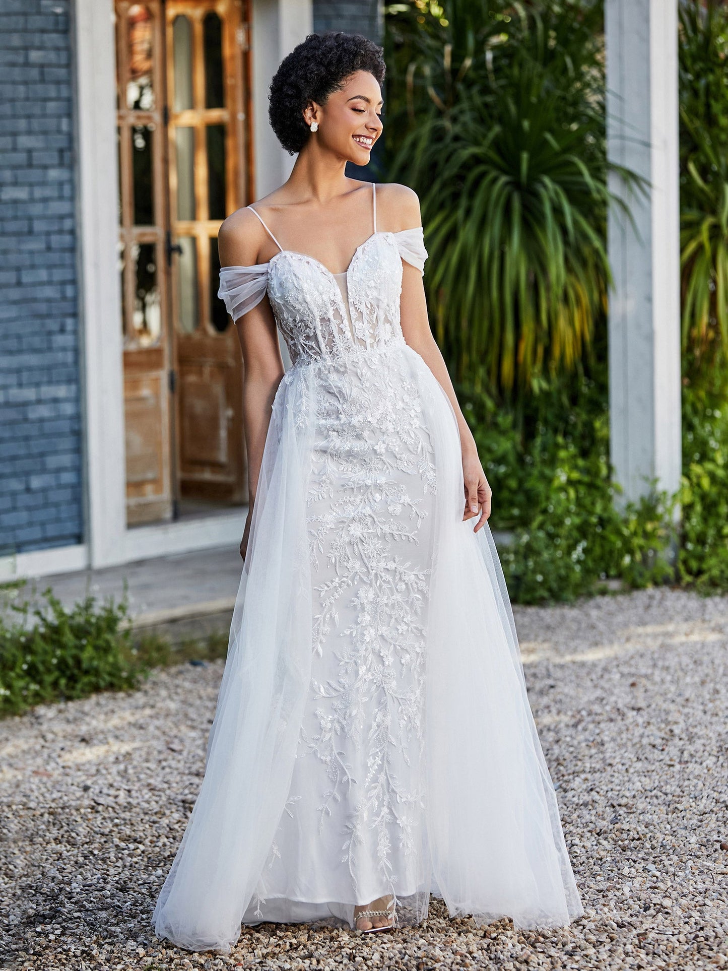 Lace Up Back Off Shoulder Tulle Gown Ivory
