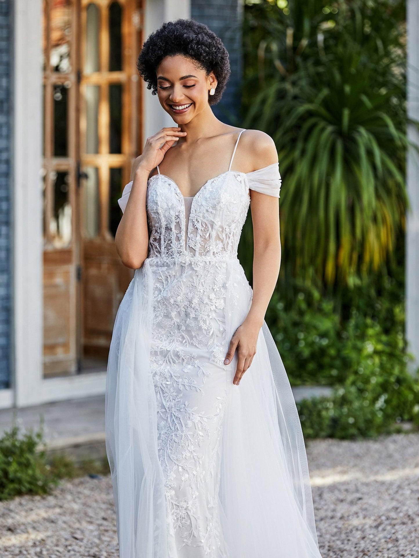 Lace Up Back Off Shoulder Tulle Gown Ivory