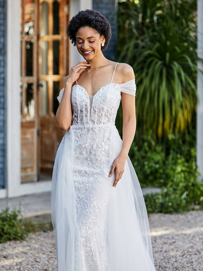 Lace Up Back Off Shoulder Tulle Gown Ivory