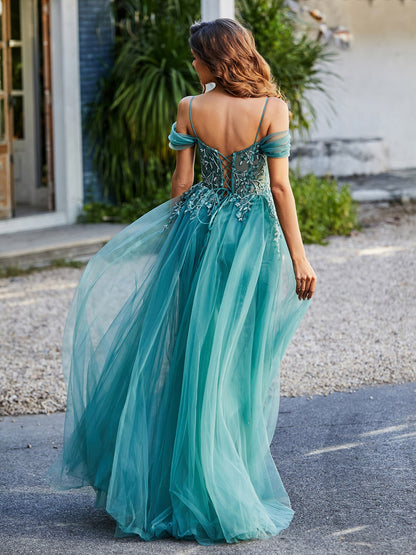 Lace Up Back Off Shoulder Tulle Gown Jade