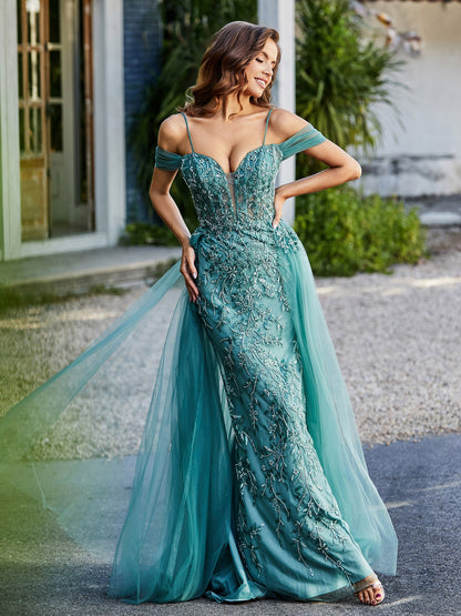 Lace Up Back Off Shoulder Tulle Gown Jade