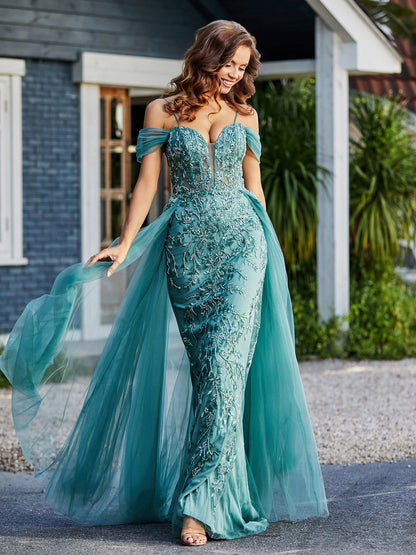 Lace Up Back Off Shoulder Tulle Gown Jade