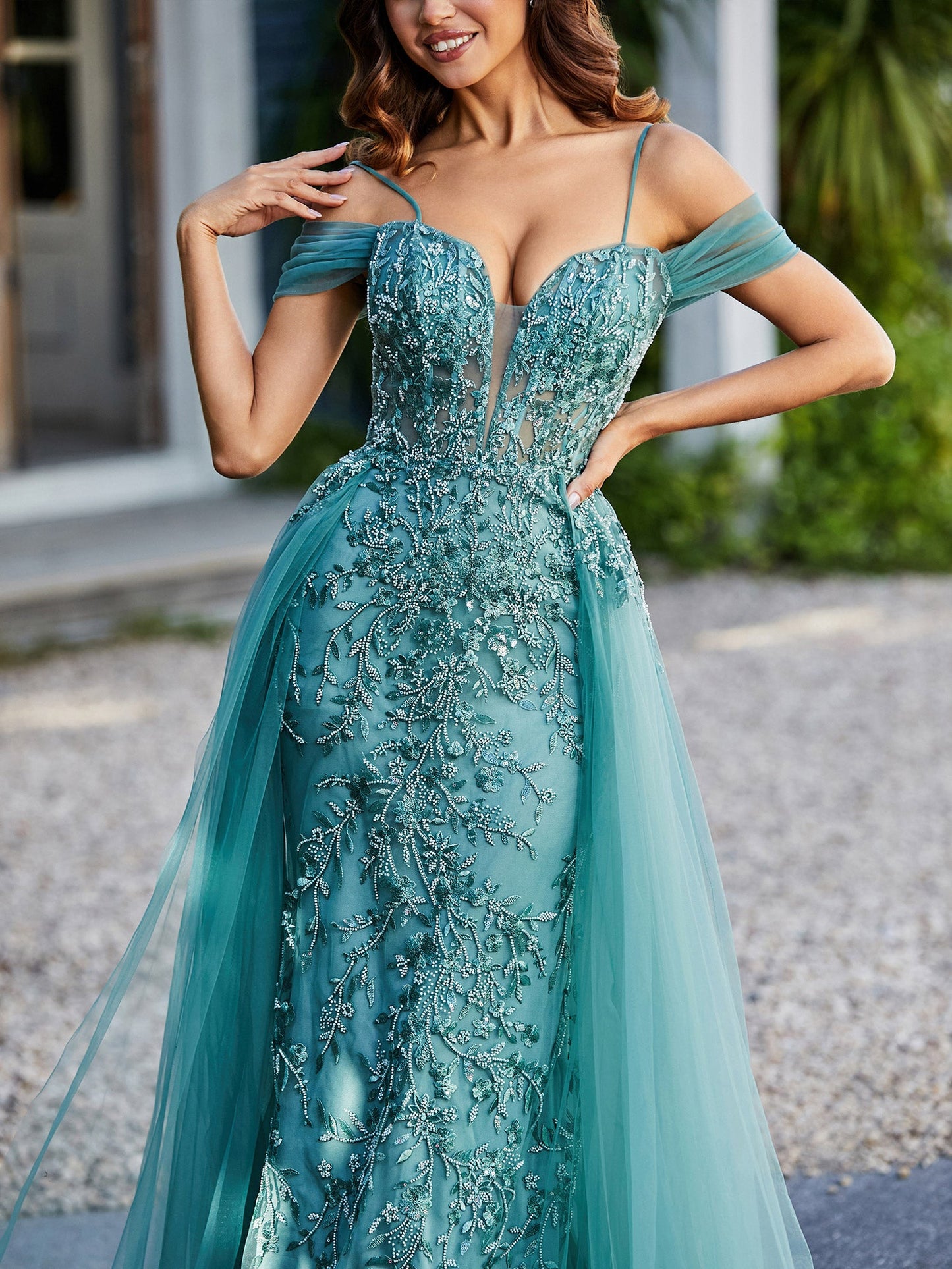 Lace Up Back Off Shoulder Tulle Gown Jade