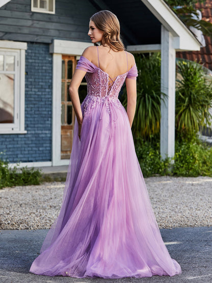 Lace Up Back Off Shoulder Tulle Gown Lilac