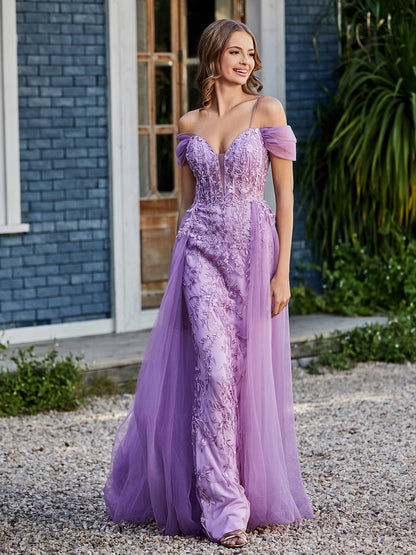 Lace Up Back Off Shoulder Tulle Gown Lilac