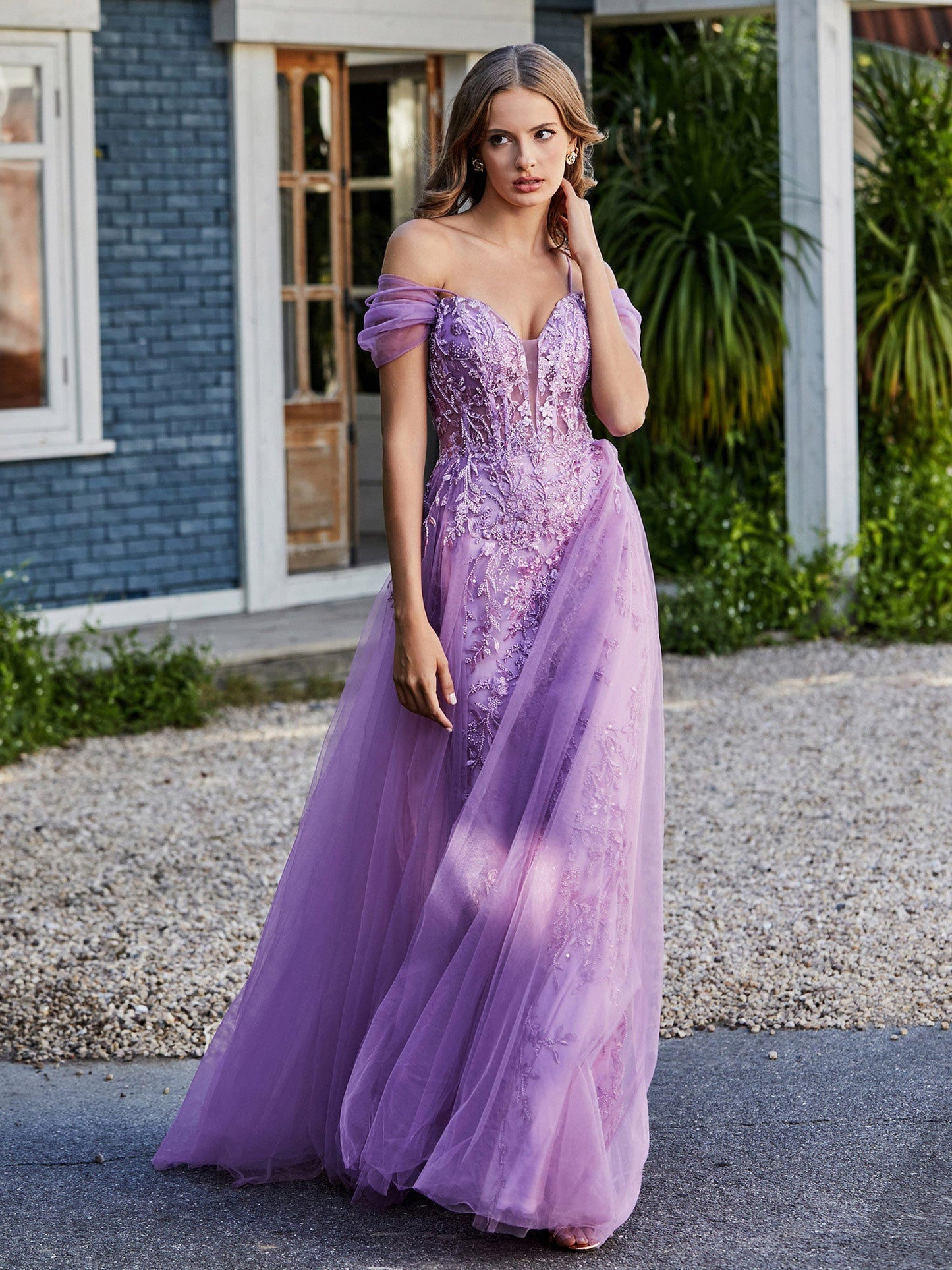 Lace Up Back Off Shoulder Tulle Gown Lilac
