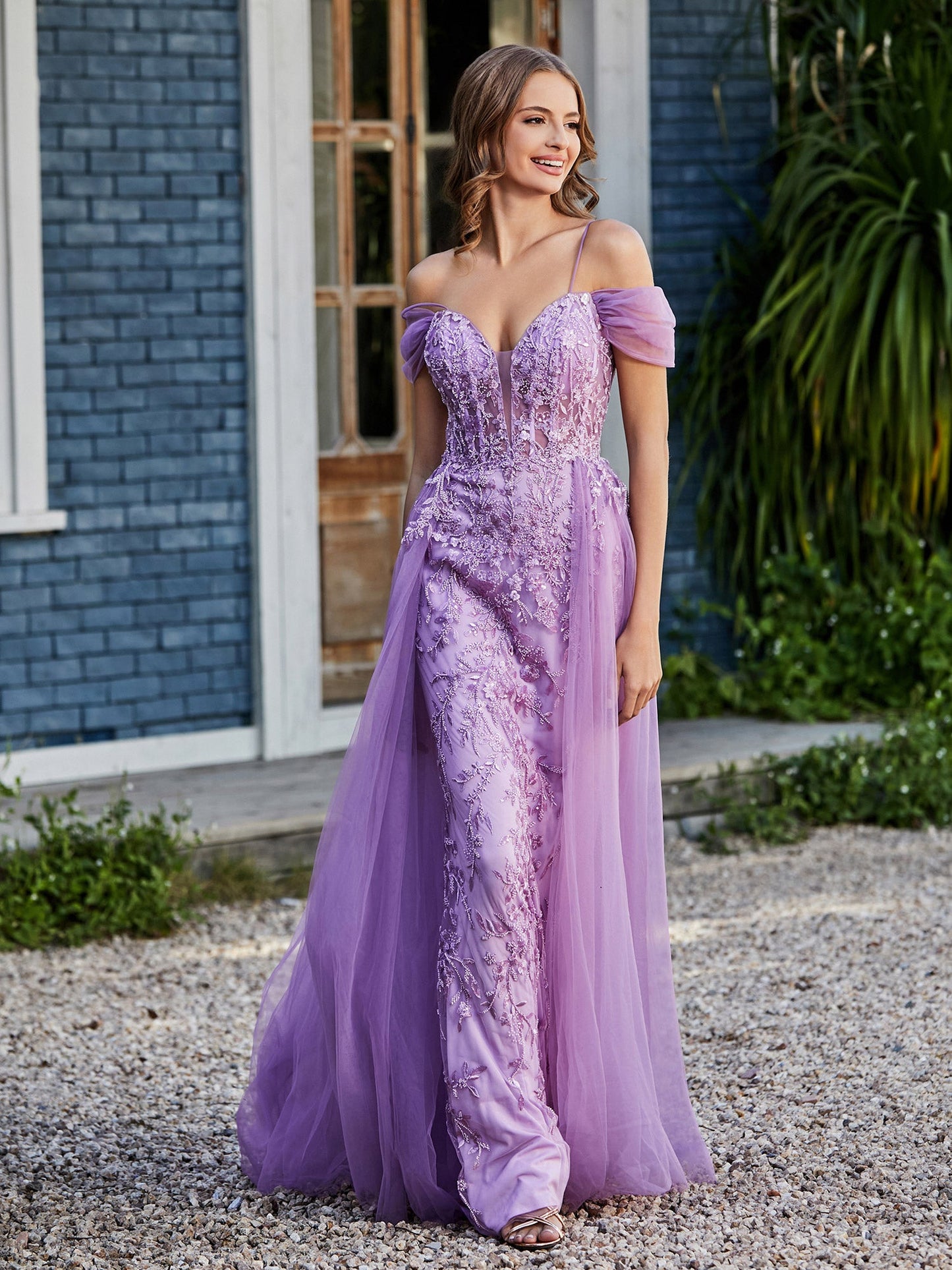 Lace Up Back Off Shoulder Tulle Gown Lilac