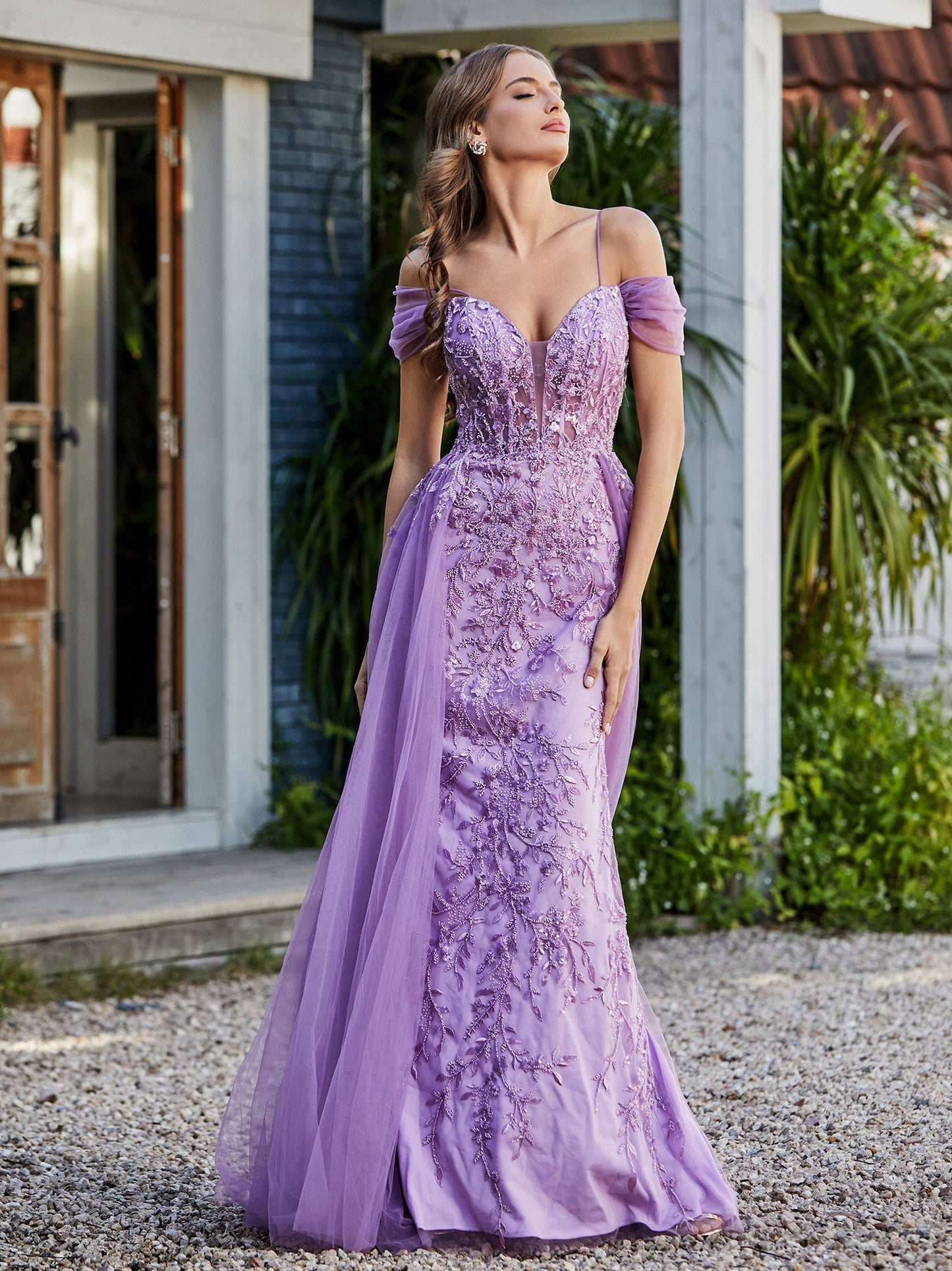 Lace Up Back Off Shoulder Tulle Gown Lilac