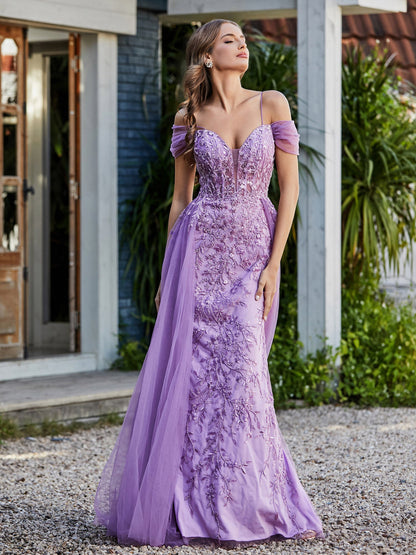 Lace Up Back Off Shoulder Tulle Gown Lilac