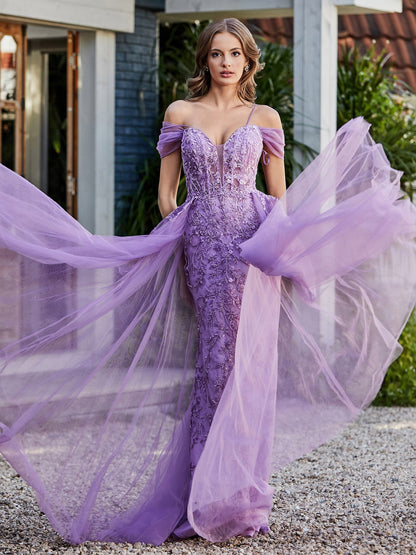 Lace Up Back Off Shoulder Tulle Gown Lilac