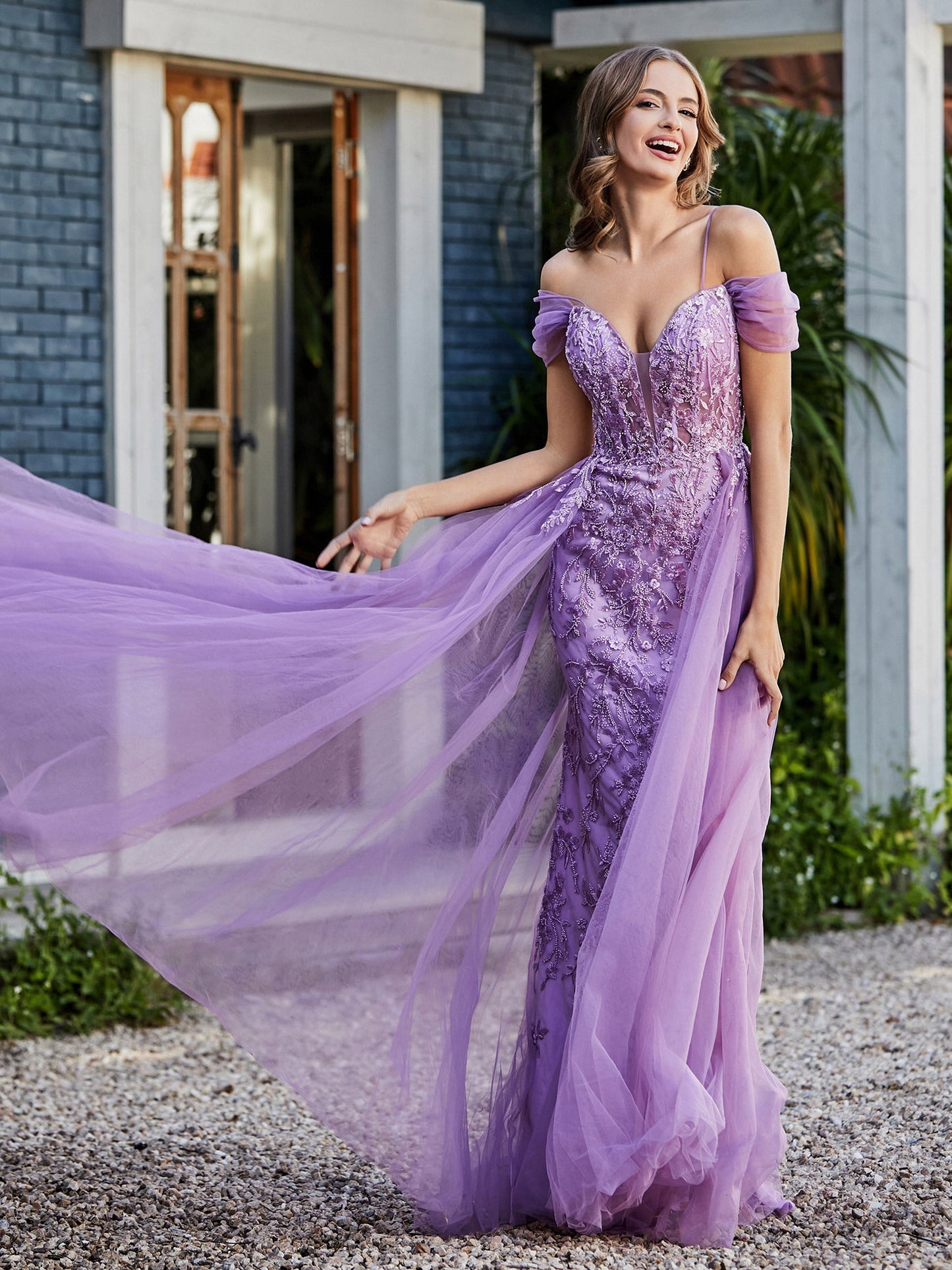Lace Up Back Off Shoulder Tulle Gown Lilac