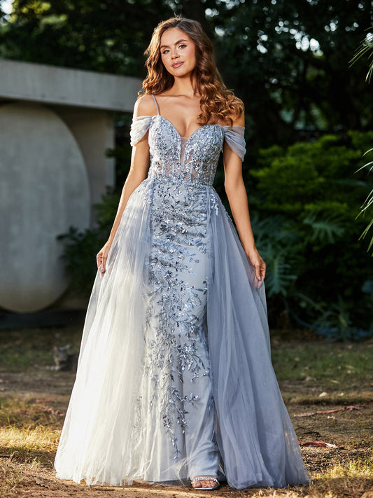 Lace Up Back Off Shoulder Tulle Gown Silver