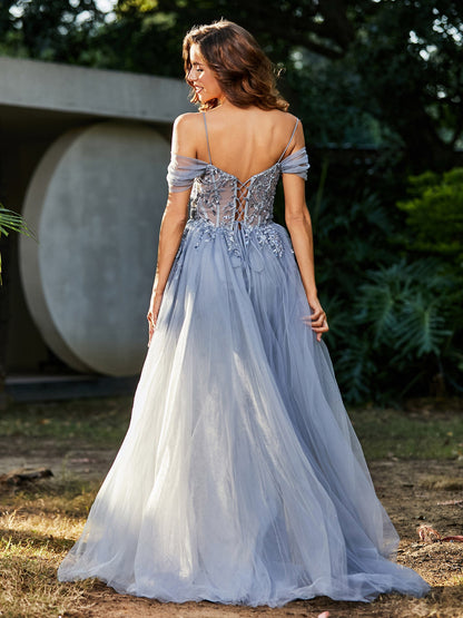 Lace Up Back Off Shoulder Tulle Gown Silver