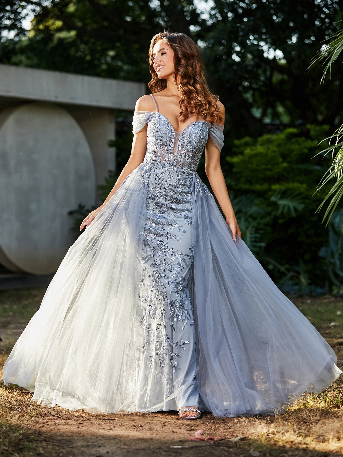 Lace Up Back Off Shoulder Tulle Gown Silver