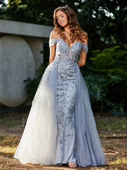 Lace Up Back Off Shoulder Tulle Gown Silver
