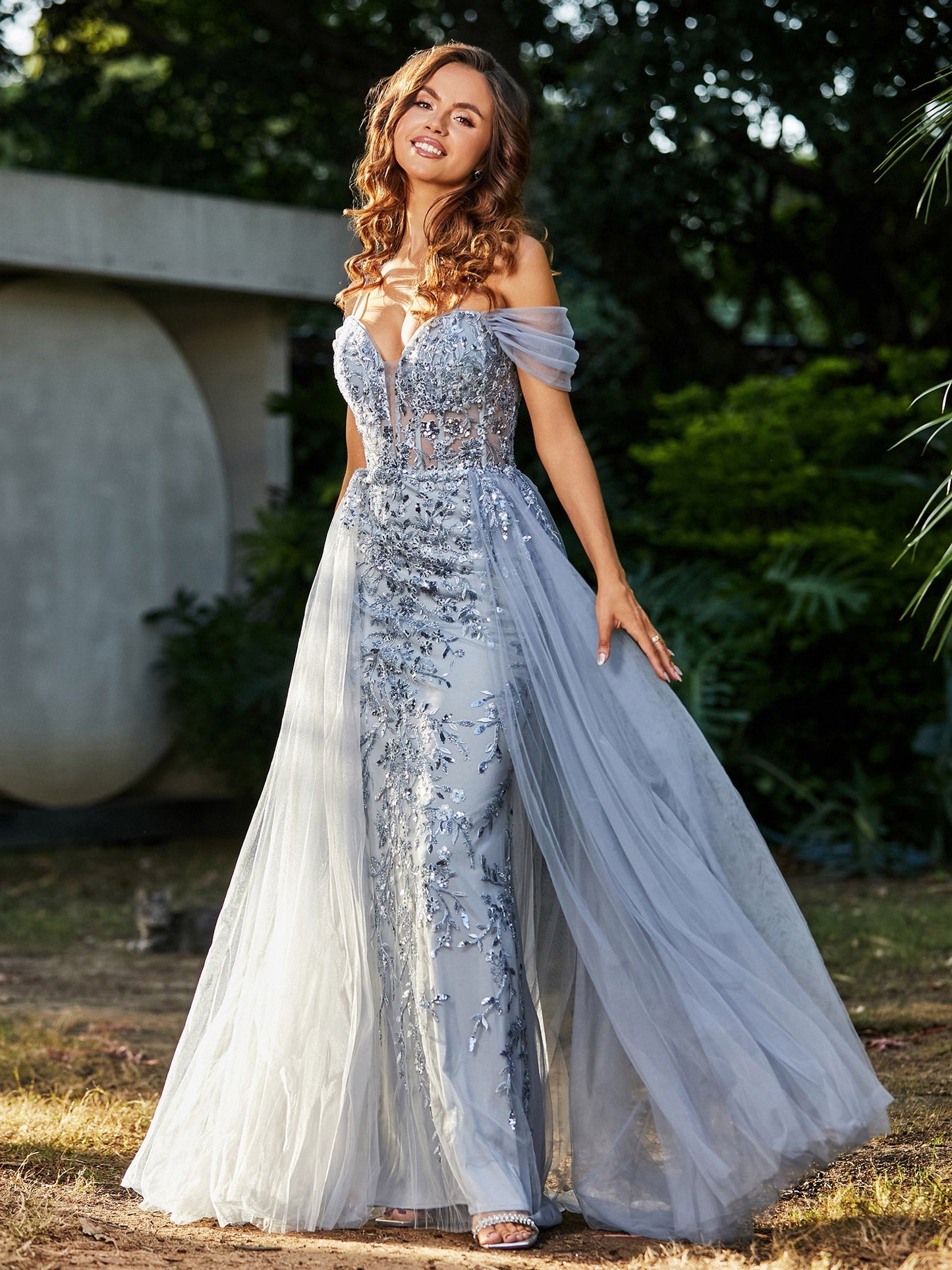 Lace Up Back Off Shoulder Tulle Gown Silver