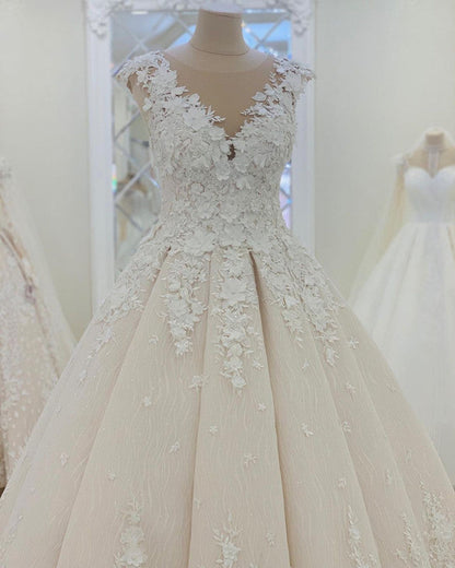 Lace Princess Wedding Dresses Cap Sleeves