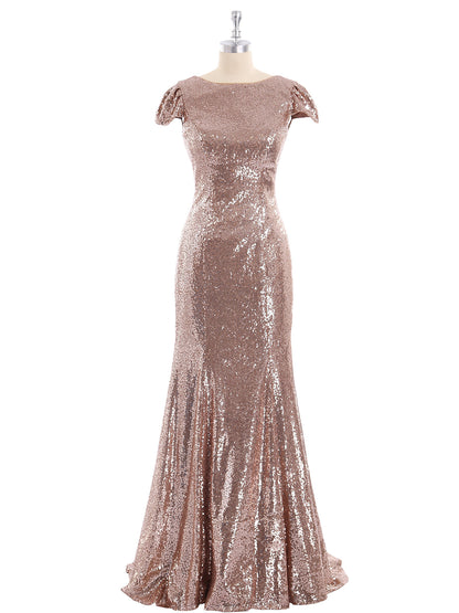 Sequins Mermaid Dress with Cap Sleeves Metallic Gold