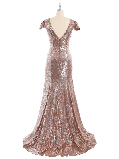 Sequins Mermaid Dress with Cap Sleeves Metallic Gold
