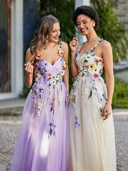 Tea Length Floral Tulle Gown Daffodil