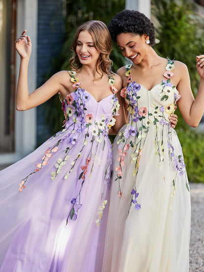 Tea Length Floral Tulle Gown Daffodil