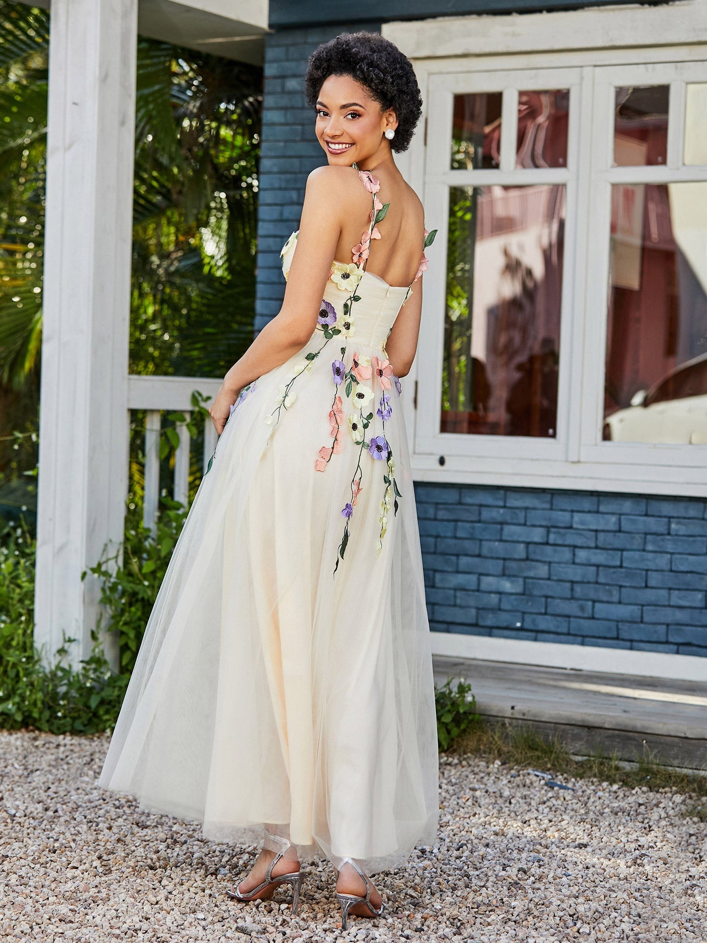 Tea Length Floral Tulle Gown Daffodil