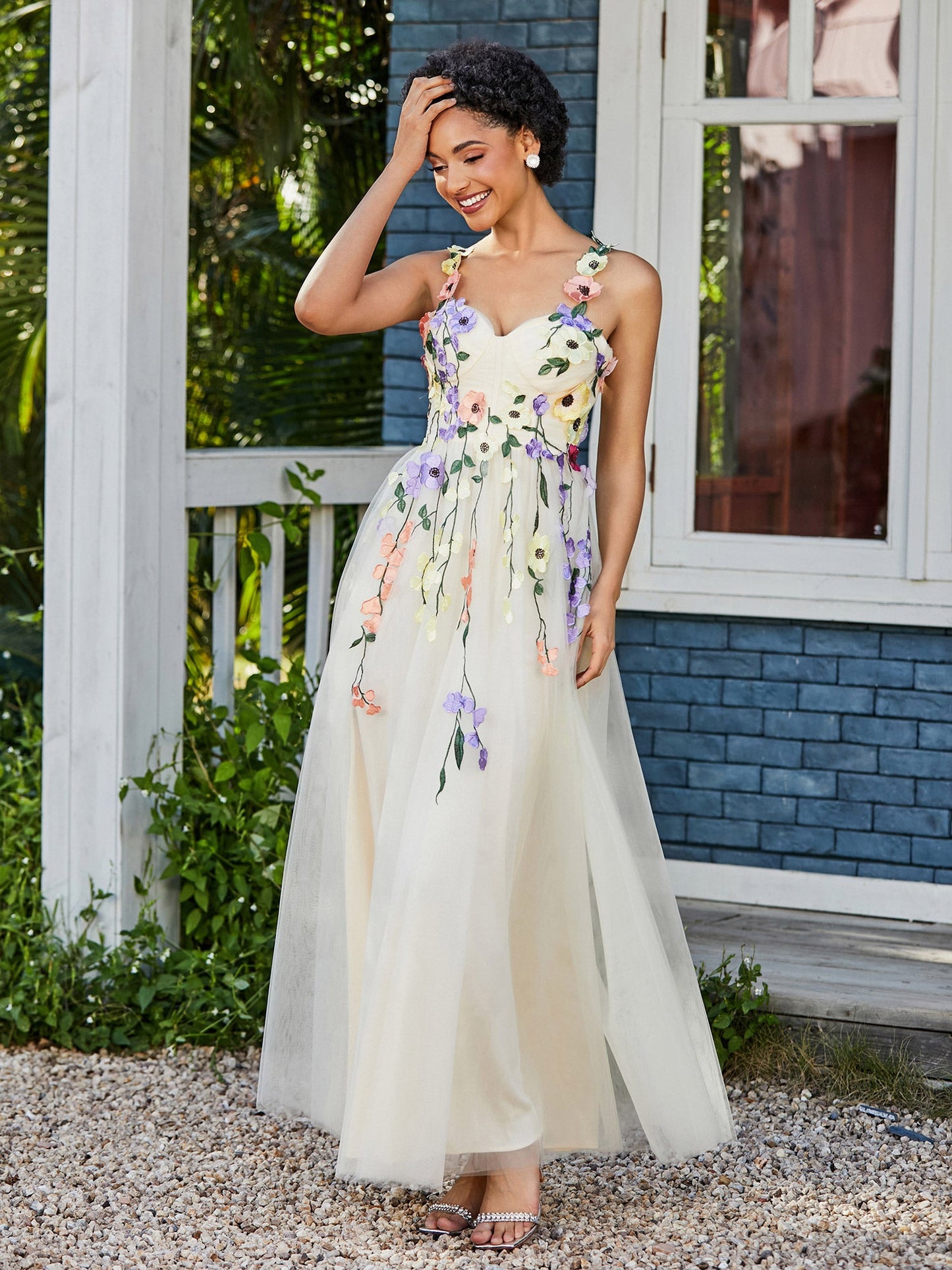 Tea Length Floral Tulle Gown Daffodil