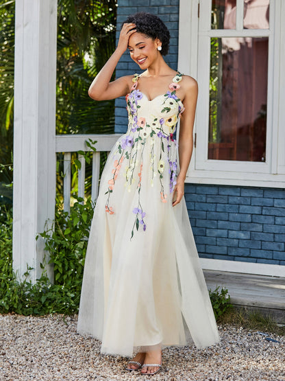 Tea Length Floral Tulle Gown Daffodil