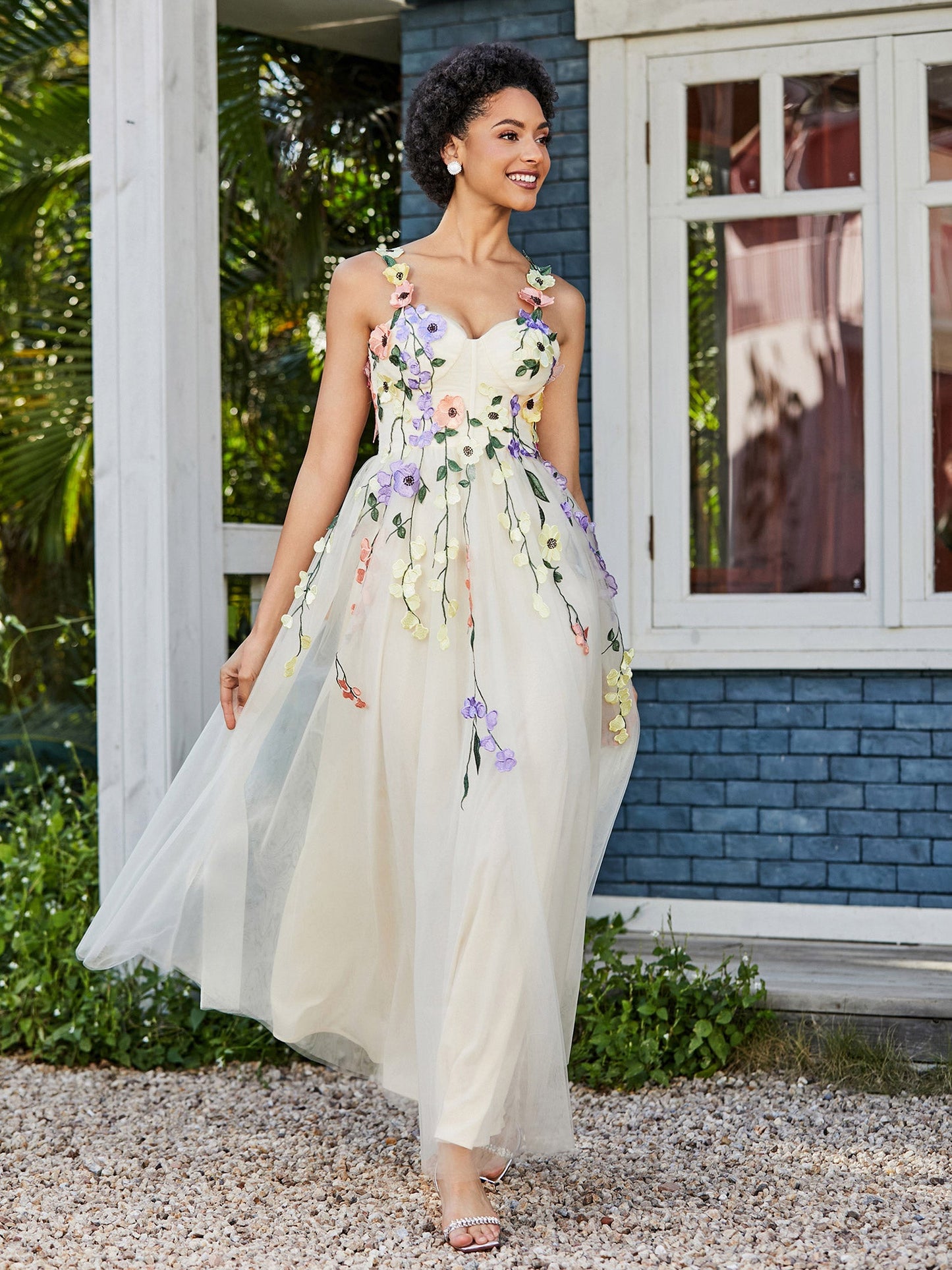 Tea Length Floral Tulle Gown Daffodil