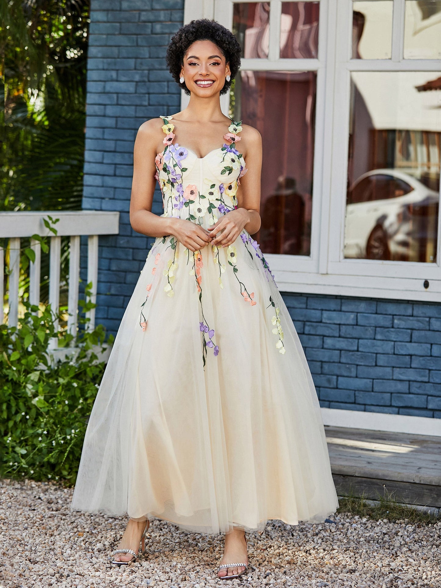 Tea Length Floral Tulle Gown Daffodil