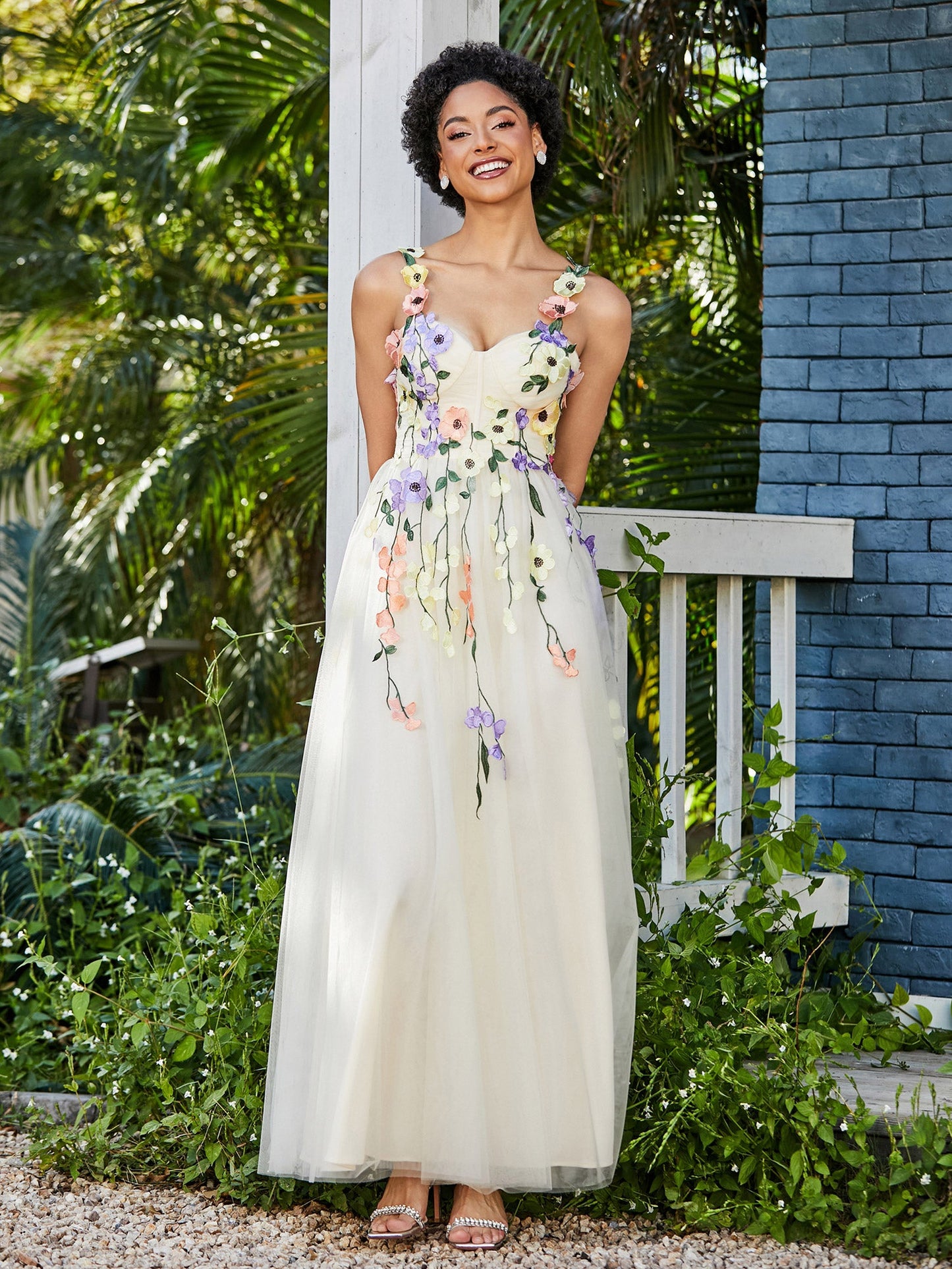Tea Length Floral Tulle Gown Daffodil
