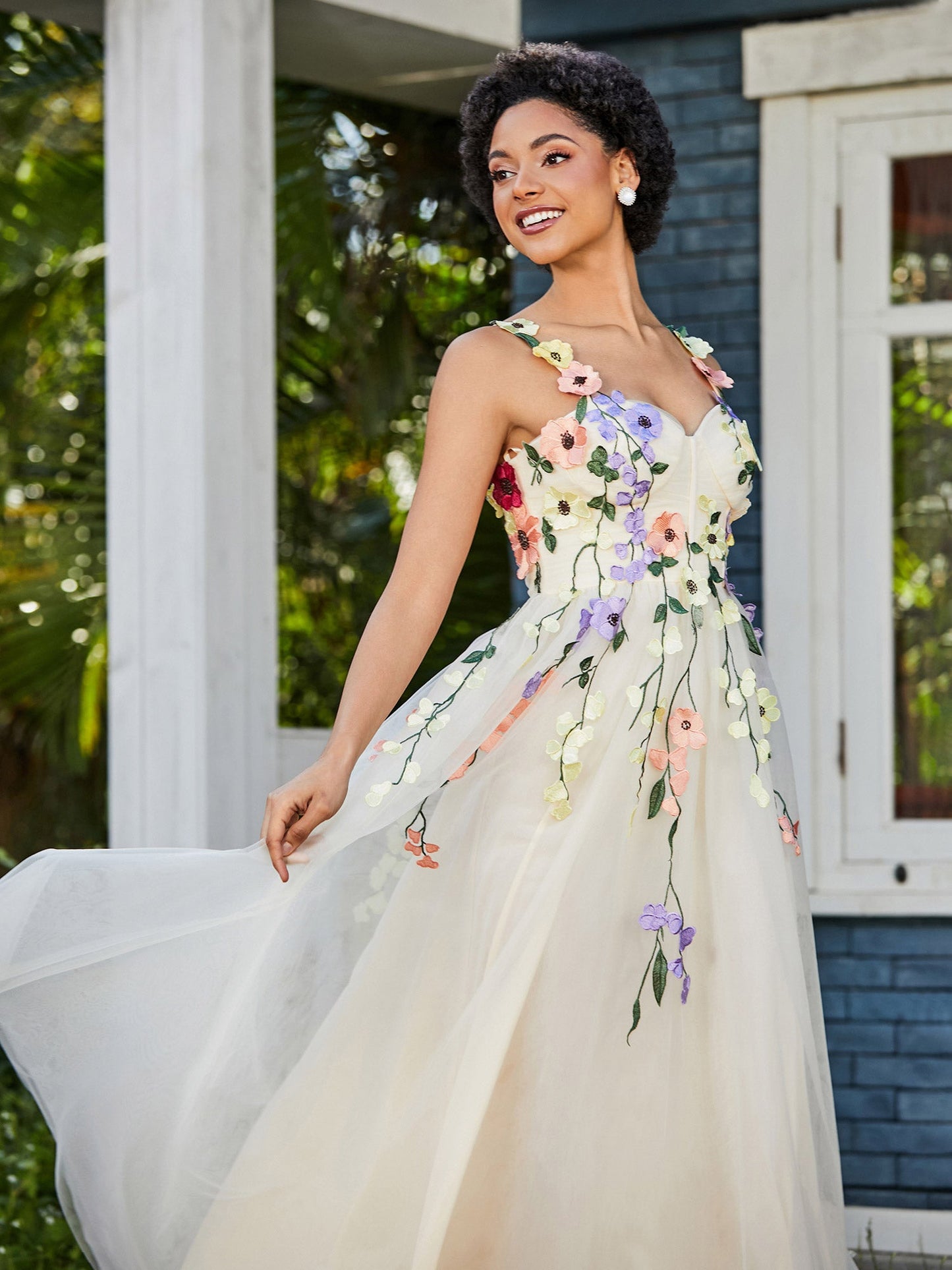 Tea Length Floral Tulle Gown Daffodil