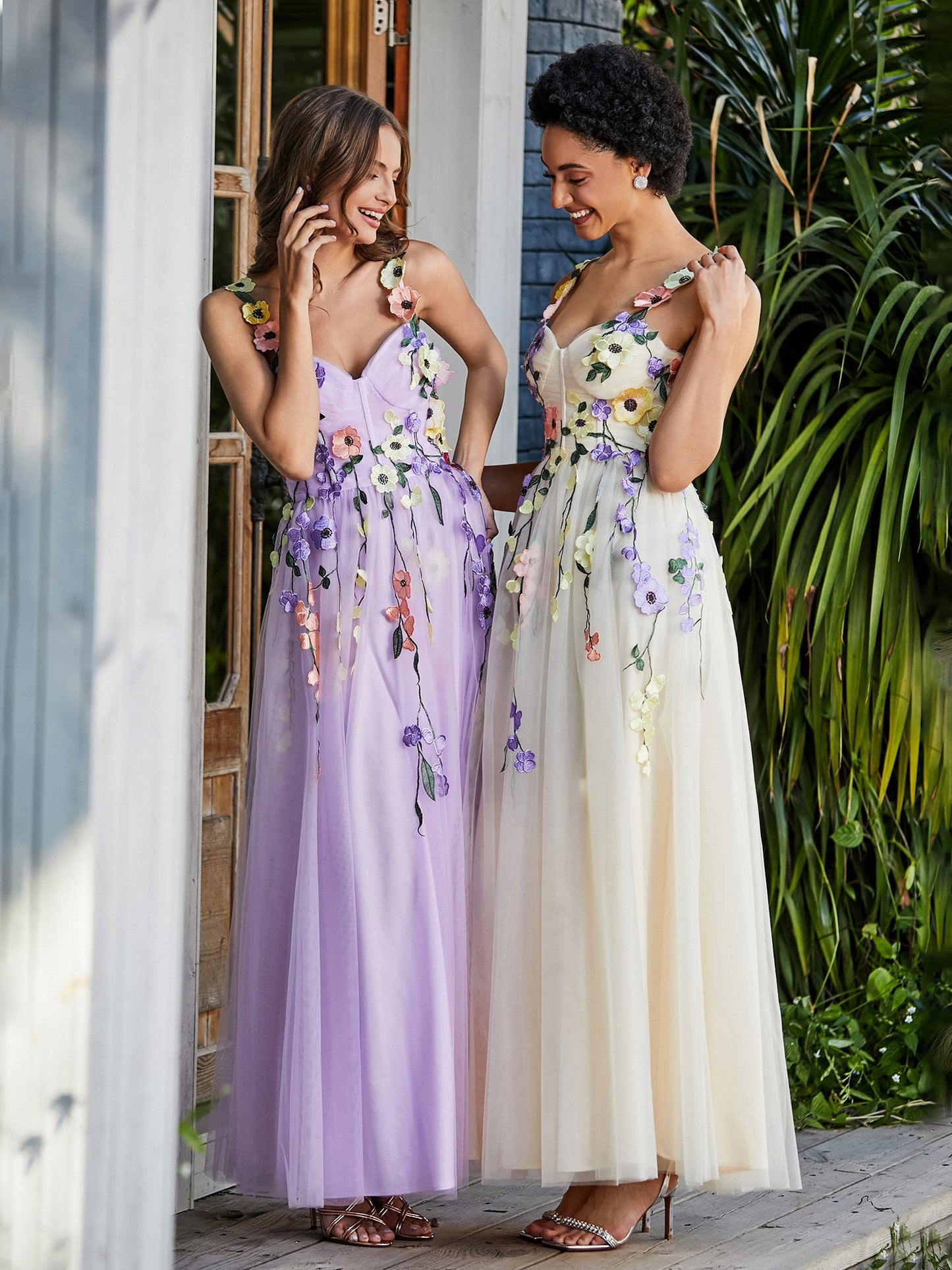 Tea Length Floral Tulle Gown Daffodil