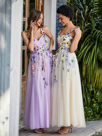 Tea Length Floral Tulle Gown Daffodil